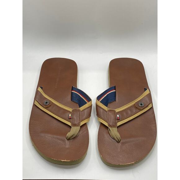 TOMMY HILFIGER Men's Brown Open-Round Toe Faux Leather Flip-Flop Sandals SZ 8 - Picture 1 of 7
